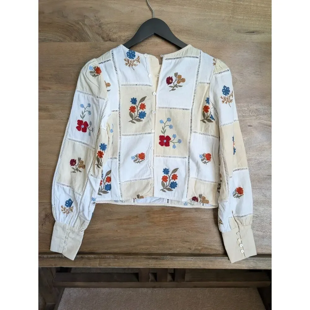 NWT Sézane x Baziszt Flaminette Shirt Women 2 34 White Floral Lace Trim - Picture 2 of 5